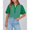 imageBTFBM 2025 Womens Summer Puff Short Sleeve Tops V Neck Casual Button Up Striped Tee Shirts Loose Color Block BlouseGreen