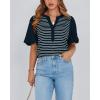 imageBTFBM 2025 Womens Summer Puff Short Sleeve Tops V Neck Casual Button Up Striped Tee Shirts Loose Color Block BlouseNavy