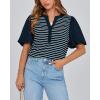 imageBTFBM 2025 Womens Summer Puff Short Sleeve Tops V Neck Casual Button Up Striped Tee Shirts Loose Color Block BlouseNavy