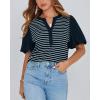 imageBTFBM 2025 Womens Summer Puff Short Sleeve Tops V Neck Casual Button Up Striped Tee Shirts Loose Color Block BlouseNavy