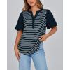 imageBTFBM 2025 Womens Summer Puff Short Sleeve Tops V Neck Casual Button Up Striped Tee Shirts Loose Color Block BlouseNavy