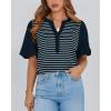 imageBTFBM 2025 Womens Summer Puff Short Sleeve Tops V Neck Casual Button Up Striped Tee Shirts Loose Color Block BlouseNavy