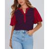 imageBTFBM 2025 Womens Summer Puff Short Sleeve Tops V Neck Casual Button Up Striped Tee Shirts Loose Color Block BlouseRed