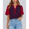 imageBTFBM 2025 Womens Summer Puff Short Sleeve Tops V Neck Casual Button Up Striped Tee Shirts Loose Color Block BlouseRed