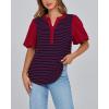 imageBTFBM 2025 Womens Summer Puff Short Sleeve Tops V Neck Casual Button Up Striped Tee Shirts Loose Color Block BlouseRed