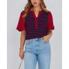 imageBTFBM 2025 Womens Summer Puff Short Sleeve Tops V Neck Casual Button Up Striped Tee Shirts Loose Color Block BlouseRed