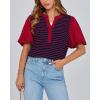 imageBTFBM 2025 Womens Summer Puff Short Sleeve Tops V Neck Casual Button Up Striped Tee Shirts Loose Color Block BlouseRed