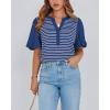 imageBTFBM 2025 Womens Summer Puff Short Sleeve Tops V Neck Casual Button Up Striped Tee Shirts Loose Color Block BlouseRoyal Blue