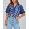 imageBTFBM 2025 Womens Summer Puff Short Sleeve Tops V Neck Casual Button Up Striped Tee Shirts Loose Color Block BlouseRoyal Blue