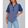 imageBTFBM 2025 Womens Summer Puff Short Sleeve Tops V Neck Casual Button Up Striped Tee Shirts Loose Color Block BlouseRoyal Blue