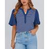 imageBTFBM 2025 Womens Summer Puff Short Sleeve Tops V Neck Casual Button Up Striped Tee Shirts Loose Color Block BlouseRoyal Blue