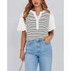 imageBTFBM 2025 Womens Summer Puff Short Sleeve Tops V Neck Casual Button Up Striped Tee Shirts Loose Color Block BlouseWhite