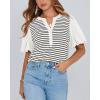 imageBTFBM 2025 Womens Summer Puff Short Sleeve Tops V Neck Casual Button Up Striped Tee Shirts Loose Color Block BlouseWhite
