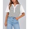 imageBTFBM 2025 Womens Summer Puff Short Sleeve Tops V Neck Casual Button Up Striped Tee Shirts Loose Color Block BlouseWhite