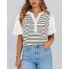 imageBTFBM 2025 Womens Summer Puff Short Sleeve Tops V Neck Casual Button Up Striped Tee Shirts Loose Color Block BlouseWhite