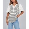 imageBTFBM 2025 Womens Summer Puff Short Sleeve Tops V Neck Casual Button Up Striped Tee Shirts Loose Color Block BlouseWhite