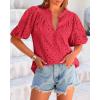 imageBTFBM Womens Casual Summer Blouse 2025 Hollow Out Eyelet Embroidery Tops V Neck Buttons Puff Short Sleeve Boho ShirtsSolid Red