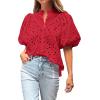 imageBTFBM Womens Casual Summer Blouse 2025 Hollow Out Eyelet Embroidery Tops V Neck Buttons Puff Short Sleeve Boho ShirtsSolid Red