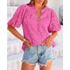 imageBTFBM Womens Casual Summer Blouse 2025 Hollow Out Eyelet Embroidery Tops V Neck Buttons Puff Short Sleeve Boho ShirtsSolid Rose Pink