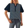 imageBTFBM 2025 Womens Summer Puff Short Sleeve Tops V Neck Casual Button Up Striped Tee Shirts Loose Color Block BlouseNavy