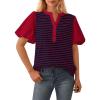 imageBTFBM 2025 Womens Summer Puff Short Sleeve Tops V Neck Casual Button Up Striped Tee Shirts Loose Color Block BlouseRed