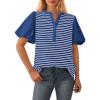 imageBTFBM 2025 Womens Summer Puff Short Sleeve Tops V Neck Casual Button Up Striped Tee Shirts Loose Color Block BlouseRoyal Blue