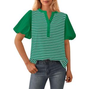 imageBTFBM 2025 Womens Summer Puff Short Sleeve Tops V Neck Casual Button Up Striped Tee Shirts Loose Color Block BlouseGreen