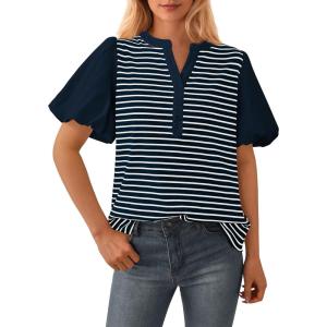 imageBTFBM 2025 Womens Summer Puff Short Sleeve Tops V Neck Casual Button Up Striped Tee Shirts Loose Color Block BlouseNavy