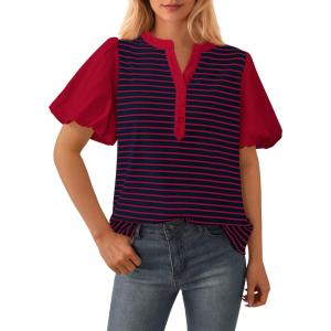imageBTFBM 2025 Womens Summer Puff Short Sleeve Tops V Neck Casual Button Up Striped Tee Shirts Loose Color Block BlouseRed
