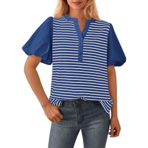 imageBTFBM 2025 Womens Summer Puff Short Sleeve Tops V Neck Casual Button Up Striped Tee Shirts Loose Color Block BlouseRoyal Blue