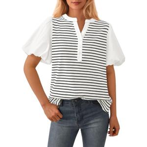 imageBTFBM 2025 Womens Summer Puff Short Sleeve Tops V Neck Casual Button Up Striped Tee Shirts Loose Color Block BlouseWhite