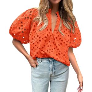 imageBTFBM Womens Casual Summer Blouse 2025 Hollow Out Eyelet Embroidery Tops V Neck Buttons Puff Short Sleeve Boho ShirtsSolid Orange