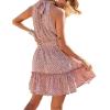 imageBTFBM Women 2025 Halter Neck Summer Dresses Casual Sleeveless Floral Polka Dot Print Ruffle Mini Boho Beach Sun DressFloral Brick Red
