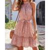 imageBTFBM Women 2025 Halter Neck Summer Dresses Casual Sleeveless Floral Polka Dot Print Ruffle Mini Boho Beach Sun DressFloral Brick Red