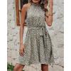 imageBTFBM Women 2025 Halter Neck Summer Dresses Casual Sleeveless Floral Polka Dot Print Ruffle Mini Boho Beach Sun DressFloral Print Army Green