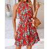imageBTFBM Women 2025 Halter Neck Summer Dresses Casual Sleeveless Floral Polka Dot Print Ruffle Mini Boho Beach Sun DressFloral Red