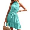 imageBTFBM Women 2025 Halter Neck Summer Dresses Casual Sleeveless Floral Polka Dot Print Ruffle Mini Boho Beach Sun DressSolid Lake Blue
