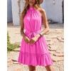 imageBTFBM Women 2025 Halter Neck Summer Dresses Casual Sleeveless Floral Polka Dot Print Ruffle Mini Boho Beach Sun DressSolid Rose Pink