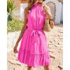 imageBTFBM Women 2025 Halter Neck Summer Dresses Casual Sleeveless Floral Polka Dot Print Ruffle Mini Boho Beach Sun DressSolid Rose Pink