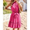 imageBTFBM Women 2025 Halter Neck Summer Dresses Casual Sleeveless Floral Polka Dot Print Ruffle Mini Boho Beach Sun DressSolid Rose Red