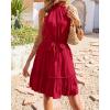 imageBTFBM Women 2025 Halter Neck Summer Dresses Casual Sleeveless Floral Polka Dot Print Ruffle Mini Boho Beach Sun DressSolid Wine Red