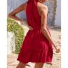 imageBTFBM Women 2025 Halter Neck Summer Dresses Casual Sleeveless Floral Polka Dot Print Ruffle Mini Boho Beach Sun DressSolid Wine Red