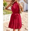 imageBTFBM Women 2025 Halter Neck Summer Dresses Casual Sleeveless Floral Polka Dot Print Ruffle Mini Boho Beach Sun DressSolid Wine Red