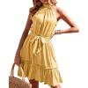 imageBTFBM Women 2025 Halter Neck Summer Dresses Casual Sleeveless Floral Polka Dot Print Ruffle Mini Boho Beach Sun DressSolid Yellow