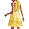 imageBTFBM Women 2025 Halter Neck Summer Dresses Casual Sleeveless Floral Polka Dot Print Ruffle Mini Boho Beach Sun DressWhite Dot Yellow
