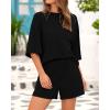 imageBTFBM Women Summer 2 Piece Outfits 2025 Matching Set Casual 34 Sleeve Tops Elastic Waist Shorts Lounge Sets With PocketBlack
