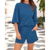 imageBTFBM Women Summer 2 Piece Outfits 2025 Matching Set Casual 34 Sleeve Tops Elastic Waist Shorts Lounge Sets With PocketBlue