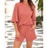 imageBTFBM Women Summer 2 Piece Outfits 2025 Matching Set Casual 34 Sleeve Tops Elastic Waist Shorts Lounge Sets With PocketDusty Pink