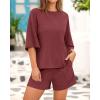 imageBTFBM Women Summer 2 Piece Outfits 2025 Matching Set Casual 34 Sleeve Tops Elastic Waist Shorts Lounge Sets With PocketWine Red