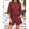 imageBTFBM Women Summer 2 Piece Outfits 2025 Matching Set Casual 34 Sleeve Tops Elastic Waist Shorts Lounge Sets With PocketWine Red